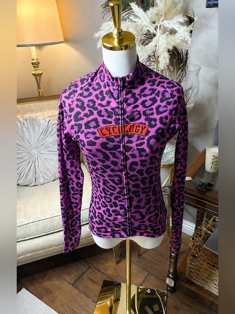 CYCOLOGY Purple Animal Leopard Zip up Cycling Jacket with Graphics on back.